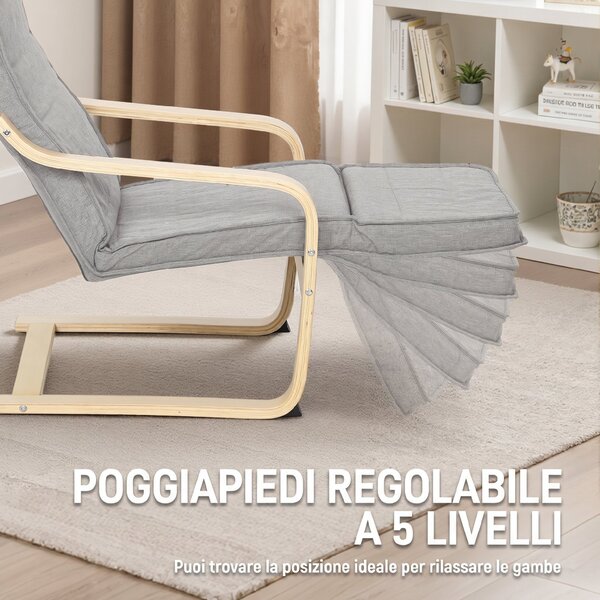 HOMCOM Poltrona Camera da Letto in Legno di Betulla e Tessuto Effetto Lino con Poggiapiedi Regolabile, Grigio Chiaro | Aosom Italy