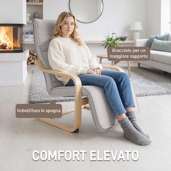 HOMCOM Poltrona Camera da Letto in Legno di Betulla e Tessuto Effetto Lino con Poggiapiedi Regolabile, Grigio Chiaro | Aosom Italy
