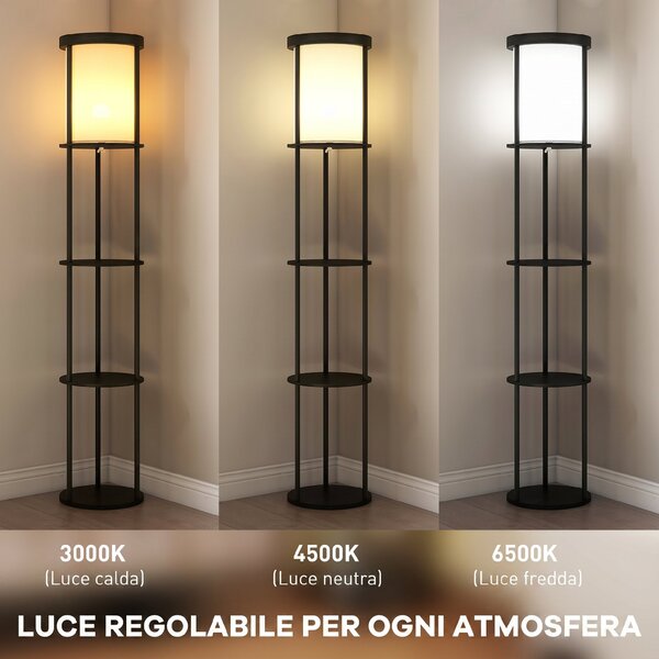 HOMCOM Lampada da Terra LED con Ripiani Rotondi, Paralume in Tessuto, Interruttore a Pedale e Telecomando, Nero | Aosom Italy