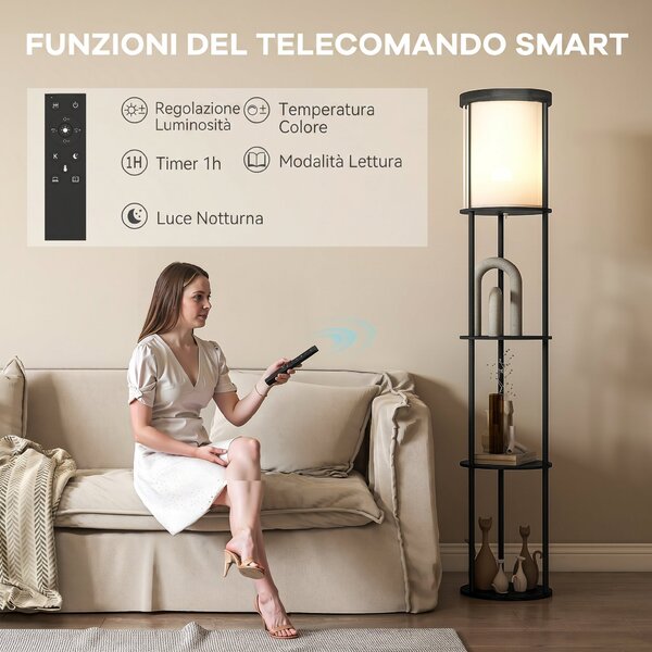 HOMCOM Lampada da Terra LED con Ripiani Rotondi, Paralume in Tessuto, Interruttore a Pedale e Telecomando, Nero | Aosom Italy