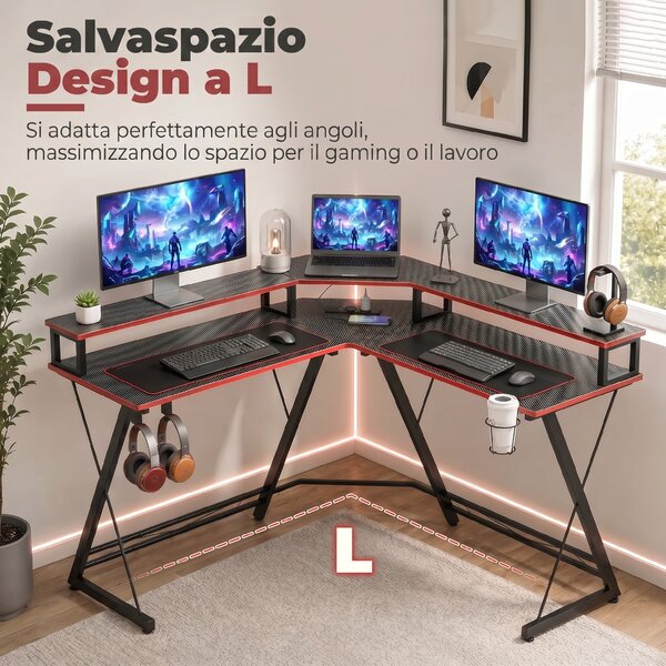 HOMCOM Scrivania Angolare con Prese di Corrente, Nero Carbonio | Aosom Italy