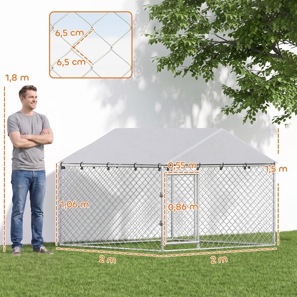 PawHut Recinto per Cani da Esterno in Acciaio Zincata con Tetto in PE, Anti-UV, Impermeabile, Doppia Chiusura, Argento | Aosom Italy