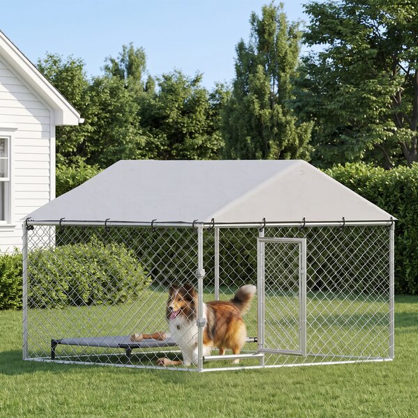 PawHut Recinto per Cani da Esterno in Acciaio Zincata con Tetto in PE, Anti-UV, Impermeabile, Doppia Chiusura, Argento | Aosom Italy