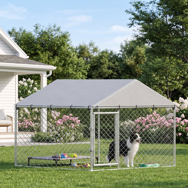 PawHut Recinto per Cani da Esterno in Acciaio Zincata con Tetto in PE, Anti-UV, Impermeabile, Doppia Chiusura, Argento | Aosom Italy