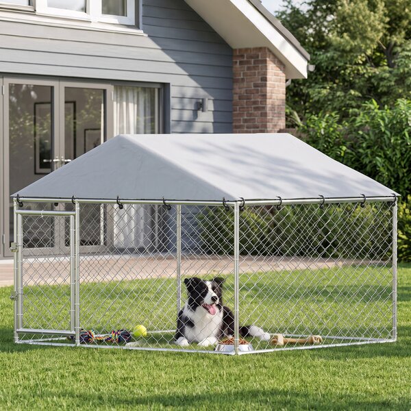 PawHut Recinto per Cani da Esterno in Acciaio Zincata con Tetto in PE, Anti-UV, Impermeabile, Doppia Chiusura, Argento | Aosom Italy