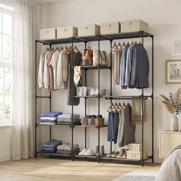 HOMCOM Armadio in Tessuto Salvaspazio con 3 Barre Appendiabiti, 5 Ripiani, Struttura in Acciaio, 182x43x182 cm, Nero | Aosom Italy