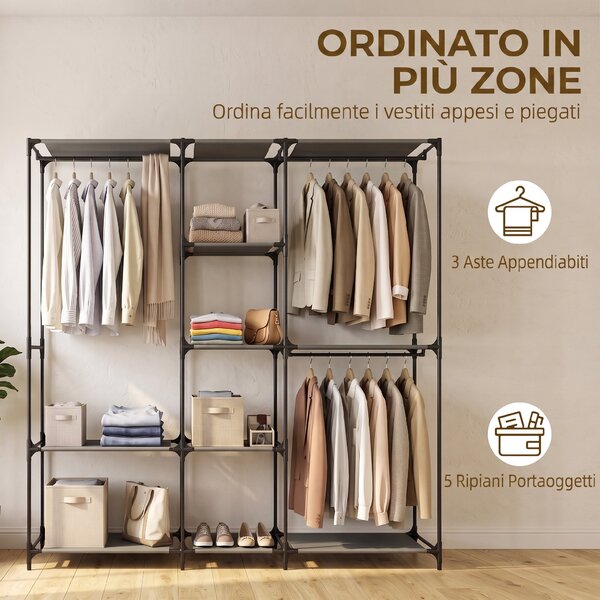 HOMCOM Armadio in Tessuto Salvaspazio con 3 Barre Appendiabiti, 5 Ripiani, Struttura in Acciaio, 182x43x182 cm, Nero | Aosom Italy