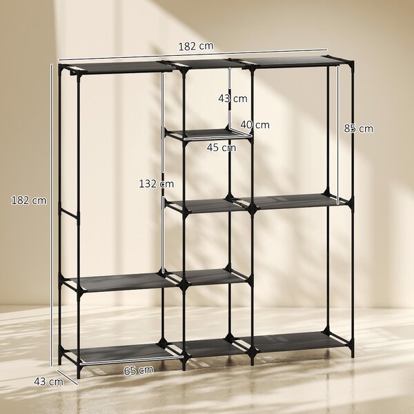 HOMCOM Armadio in Tessuto Salvaspazio con 3 Barre Appendiabiti, 5 Ripiani, Struttura in Acciaio, 182x43x182 cm, Nero | Aosom Italy