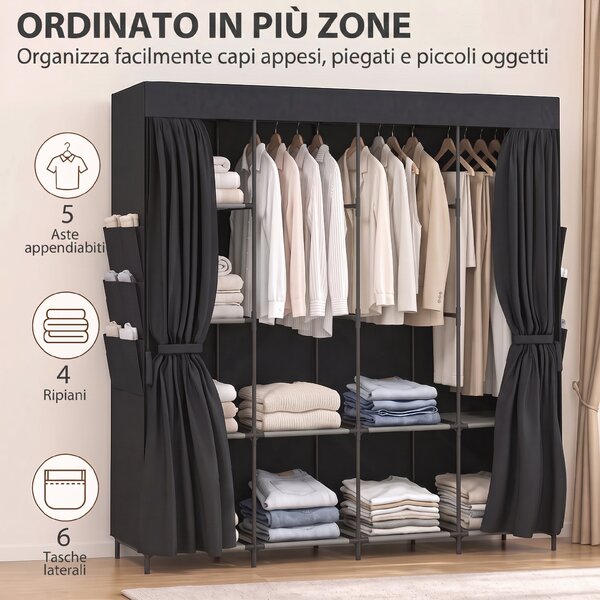 HOMCOM Armadio in Tessuto Salvaspazio con 5 Aste, 4 Ripiani, 6 Tasche Laterali, Ante Antipolvere con Zip, Nero | Aosom Italy