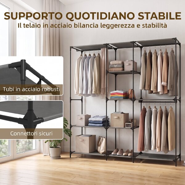 HOMCOM Armadio in Tessuto Salvaspazio con 3 Barre Appendiabiti, 5 Ripiani, Struttura in Acciaio, 182x43x182 cm, Nero | Aosom Italy