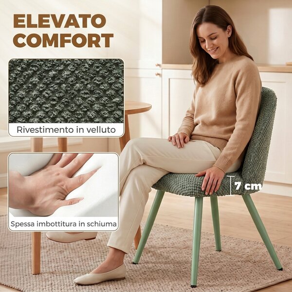 HOMCOM Set 2 Sedie da Pranzo in Velluto con Seduta Imbottita, Verde Scuro | Aosom Italy