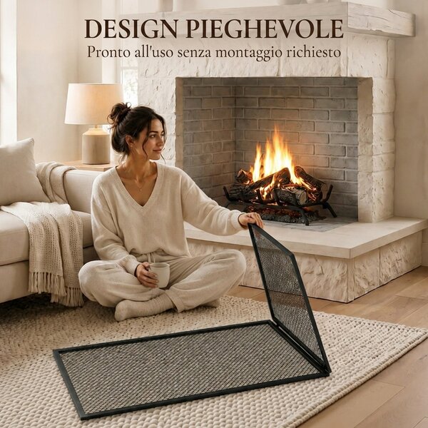 HOMCOM Parascintille Camino Pieghevole a 2 Pannelli in Metallo Verniciato, Pronto all'Uso, 140x1x50 cm, Nero | Aosom Italy
