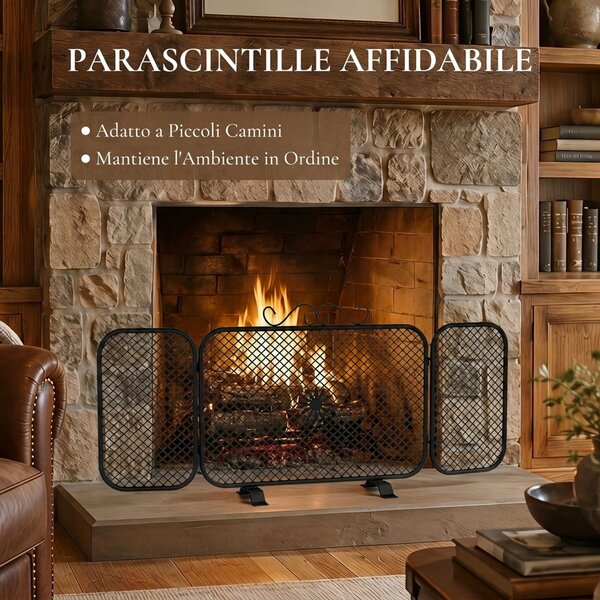 HOMCOM Parascintille Camino Pieghevole a 3 Pannelli in Metallo con Base Rimovibile, Motivo Floreale, 90x16x40 cm, Nero | Aosom Italy