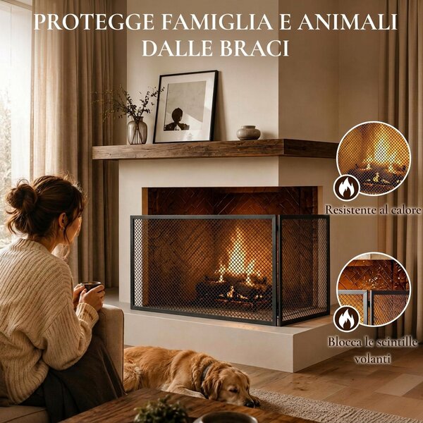 HOMCOM Parascintille Camino Pieghevole a 2 Pannelli in Metallo Verniciato, Pronto all'Uso, 140x1x50 cm, Nero | Aosom Italy