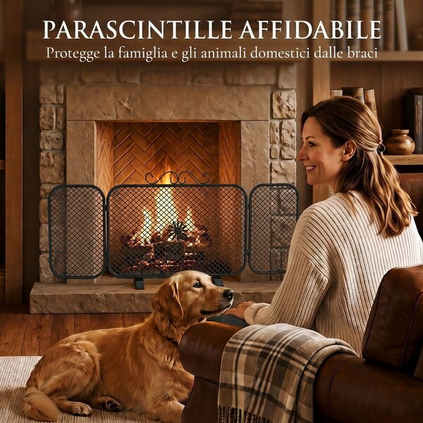 HOMCOM Parascintille Camino Pieghevole a 3 Pannelli in Metallo con Base Rimovibile, Motivo Floreale, 90x16x40 cm, Nero | Aosom Italy
