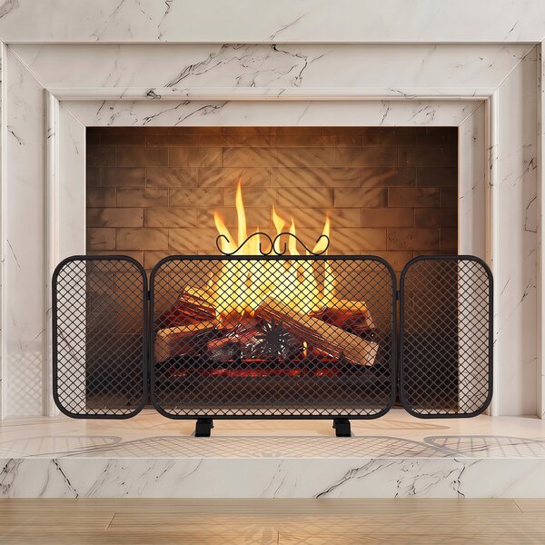 HOMCOM Parascintille Camino Pieghevole a 3 Pannelli in Metallo con Base Rimovibile, Motivo Floreale, 90x16x40 cm, Nero | Aosom Italy