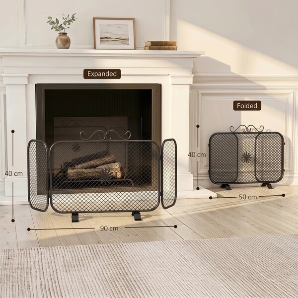 HOMCOM Parascintille Camino Pieghevole a 3 Pannelli in Metallo con Base Rimovibile, Motivo Floreale, 90x16x40 cm, Nero | Aosom Italy
