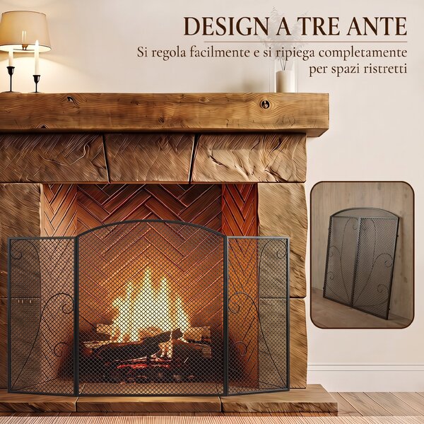 HOMCOM Parascintille Camino Pieghevole a 3 Pannelli in Metallo Verniciato, Pronto all'Uso, 133x1x77 cm, Nero | Aosom Italy