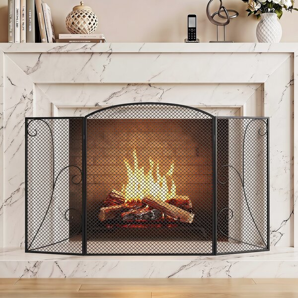 HOMCOM Parascintille Camino Pieghevole a 3 Pannelli in Metallo Verniciato, Pronto all'Uso, 133x1x77 cm, Nero | Aosom Italy