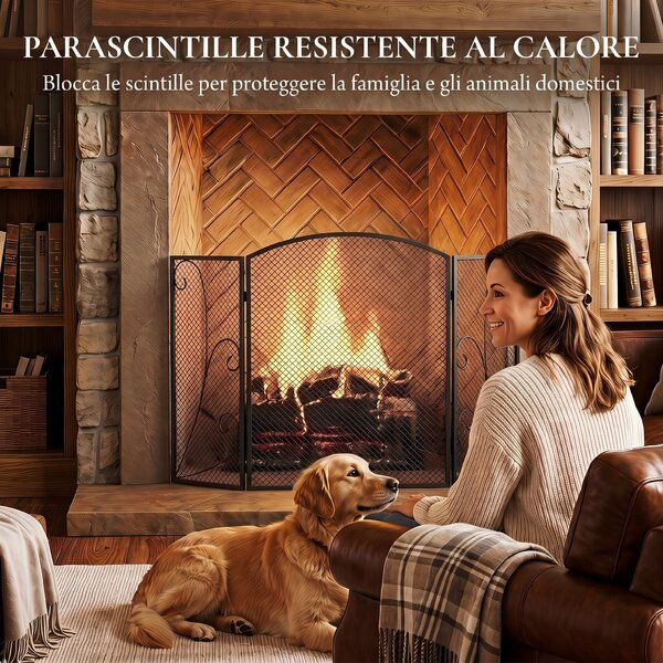 HOMCOM Parascintille Camino Pieghevole a 3 Pannelli in Metallo Verniciato, Pronto all'Uso, 133x1x77 cm, Nero | Aosom Italy