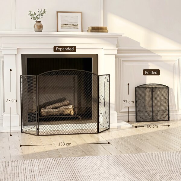 HOMCOM Parascintille Camino Pieghevole a 3 Pannelli in Metallo Verniciato, Pronto all'Uso, 133x1x77 cm, Nero | Aosom Italy