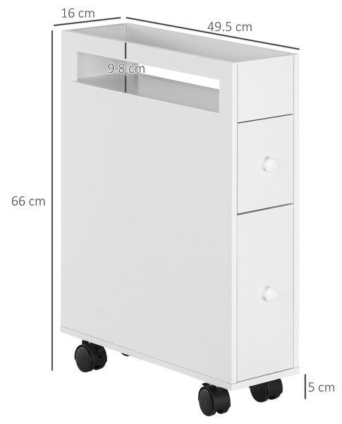 Kleankin Mobiletto Bagno Salvaspazio con 4 Ruote, 2 Cassetti e Ripiano aperto, 16x49.5x66cm, Bianco|Aosom