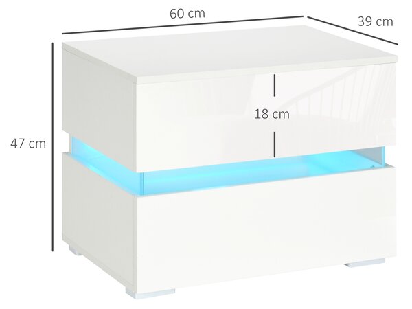 HOMCOM Comodino Multifunzionale con 2 cassetti e LED incorporata, 4 Modalità di luce e 16 colori, in Truciolato, 60x39x47cm, Bianco|Aosom Italy