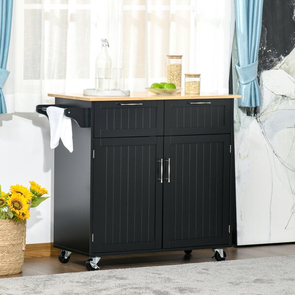 HOMCOM Carrello da Cucina Multiuso in Legno con 2 Cassetti, Armadietto e 4 Ruote, 104x46x91cm, Nero|Aosom