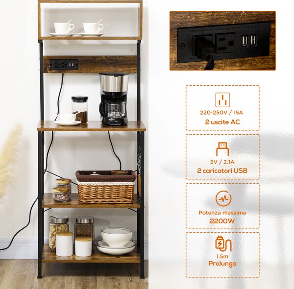 HOMCOM Scaffale Cucina con Multipresa, Ripiani e Ganci Stile Industriale, 60x42x153cm, Marrone|Aosom