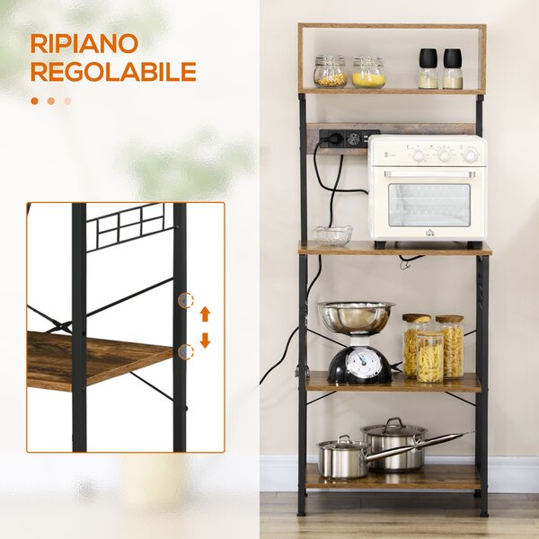 HOMCOM Scaffale Cucina con Multipresa, Ripiani e Ganci Stile Industriale, 60x42x153cm, Marrone|Aosom