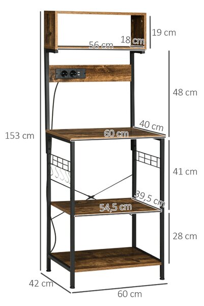 HOMCOM Scaffale Cucina con Multipresa, Ripiani e Ganci Stile Industriale, 60x42x153cm, Marrone|Aosom