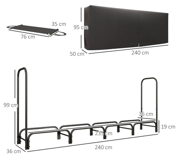 Outsunny Portalegna da Interno ed Esterno in Metallo con Telo Porta Legna e Copertura, 240x36x99cm, Nero