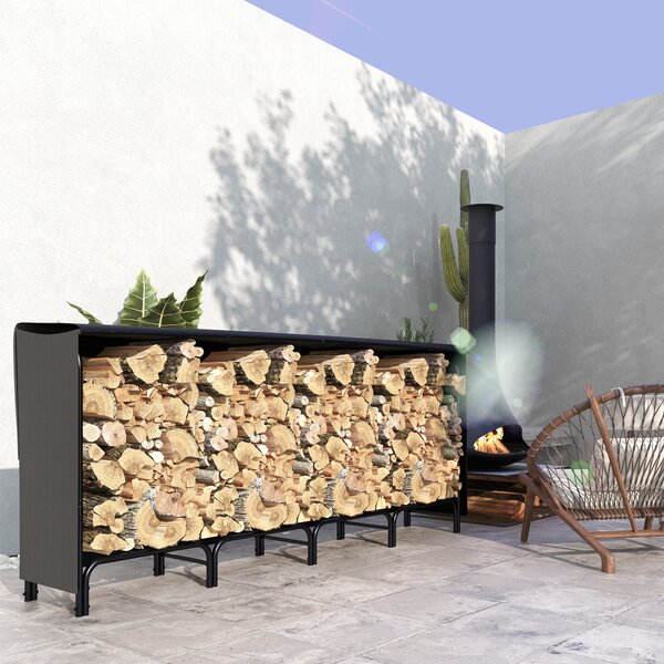 Outsunny Portalegna da Interno ed Esterno in Metallo con Telo Porta Legna e Copertura, 240x36x99cm, Nero