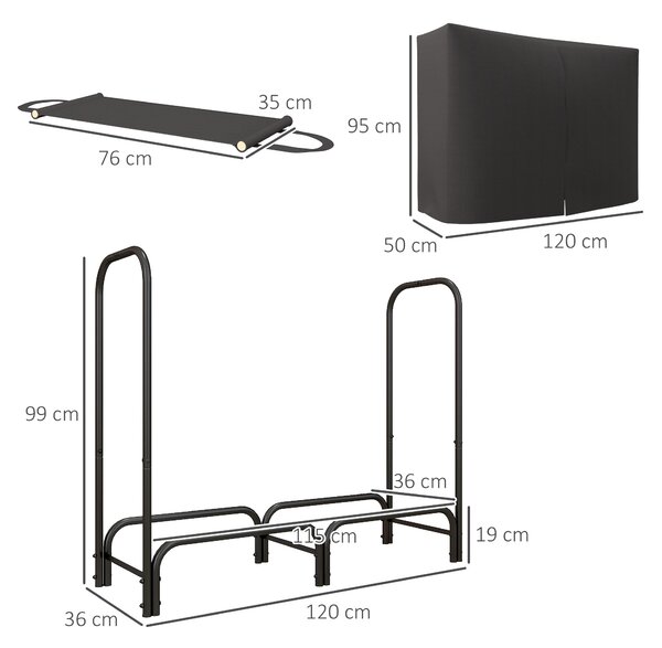 Outsunny Portalegna da Interno ed Esterno in Metallo con Telo Porta Legna e Copertura, 120x36x99 cm, Nero