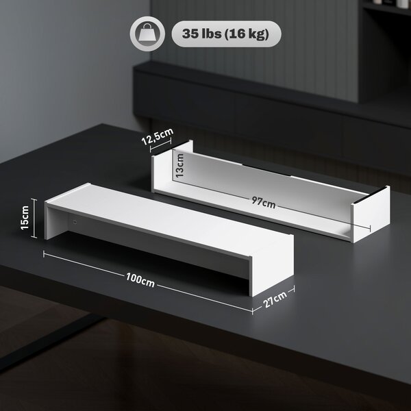 HOMCOM Supporto per Monitor in Legno da Scrivania con 2Vani Contenitore in Legno, Ergonomico, per Laptop, Computer 100x27x15 cm, Bianco| Aosom Italy