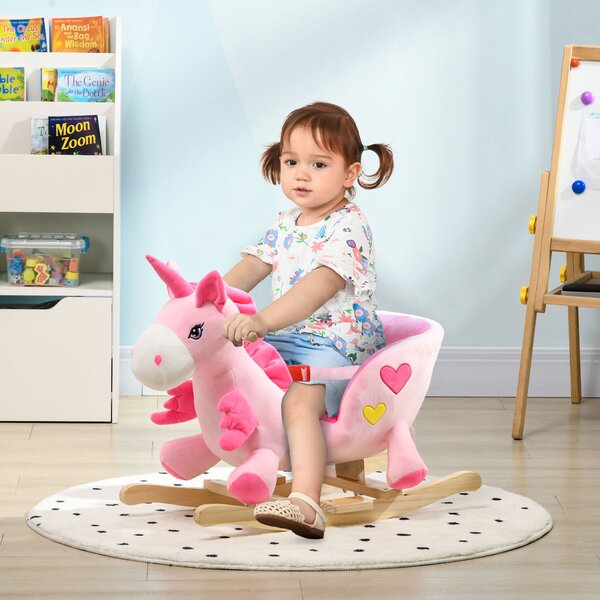 HOMCOM Cavallo a Dondolo Unicorno con 32 Canzoni, Base in Legno e Cintura di Sicurezza, Età 18-36 Mesi, Rosa|Aosom