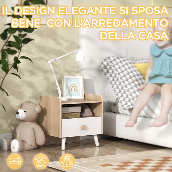 AIYAPLAY Comodino con Cassetto per Bambini 3-10 Anni in Legno e Legno di Pino, 40x32.5x40 cm, Bianco
