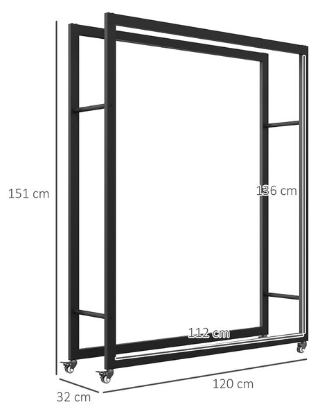 Outsunny Portalegna da Esterno e Interno con Ruote, Legnaia in Acciaio con Capacità 0.43m³, 120x32x151cm, Nero