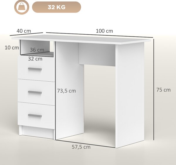HOMCOM Scrivania Moderna in Legno con 3 Cassetti e Ripiano Aperto, 100x40x75 cm, Bianca