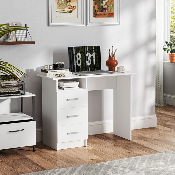 HOMCOM Scrivania Moderna in Legno con 3 Cassetti e Ripiano Aperto, 100x40x75 cm, Bianca