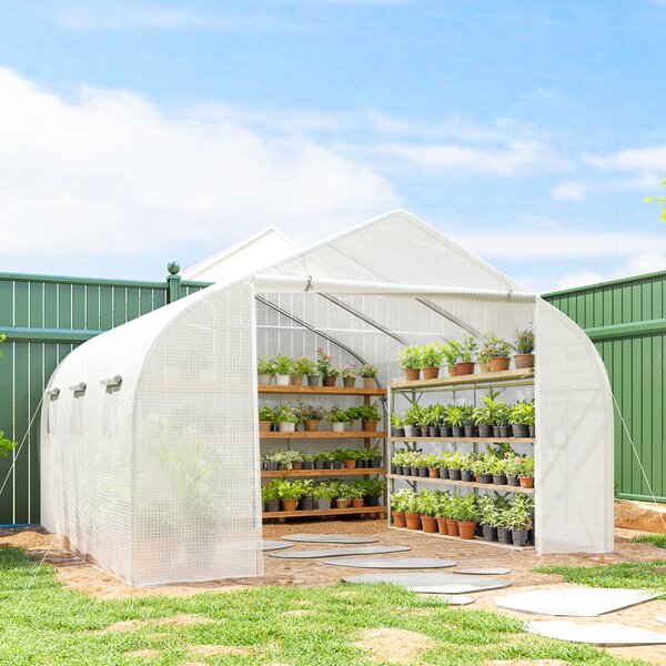 Outsunny Serra per Orto a Tunnel con 6 Finestre e Porta Avvolgibile, Serra da Giardino a Tunnel in PE con Tubi in Metallo, per Piante e Frutto, 4.5x3m, Bianco