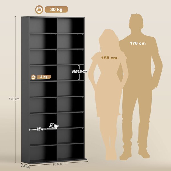 HOMCOM Scaffale Porta CD con 14 Ripiani Regolabili, Capacità di 640 CD/360 DVD, 78.5x24x175 cm, Nero