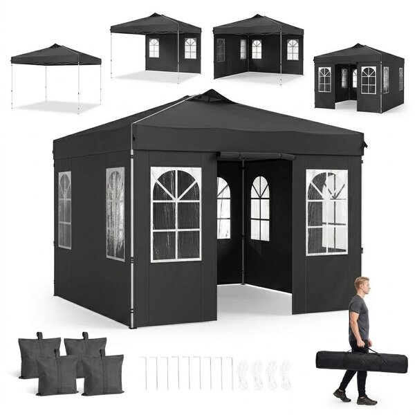 KOMFOTTEU, gazebo pop-up da giardino, dimensioni 3 x 3 metri, con 4 pareti laterali regolabili in altezza (colore: nero)