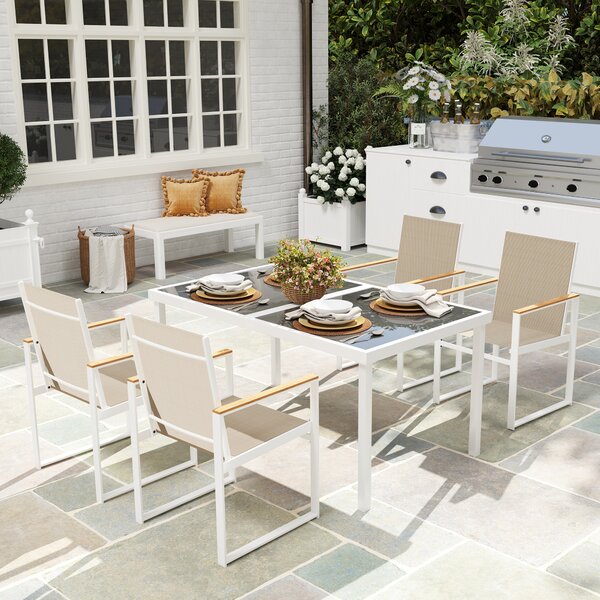 Outsunny Set da Giardino con Tavolo da Pranzo in Vetro Rettangolare e 4 Sedie con Braccioli, Multicolore