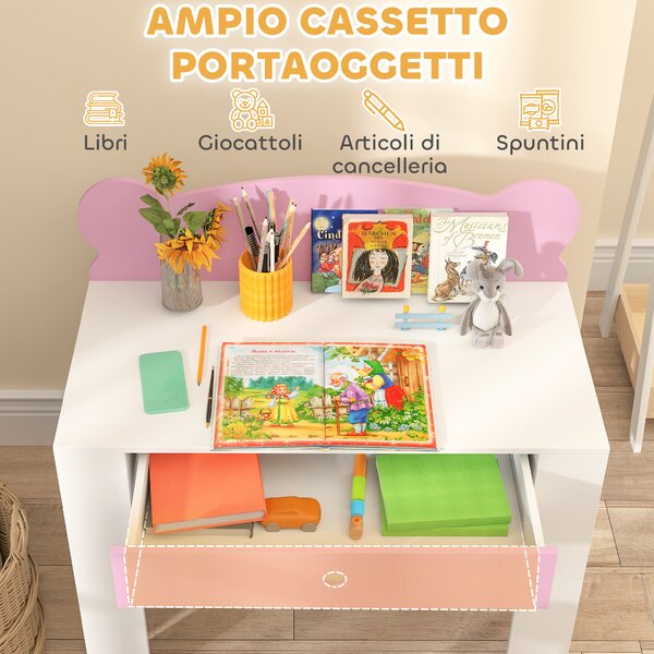 AIYAPLAY Set Scrivania per Bambini con Cassetto e Sedia con Schienale a Orsetto, Età 3-8 Anni, Rosa | Aosom Italy