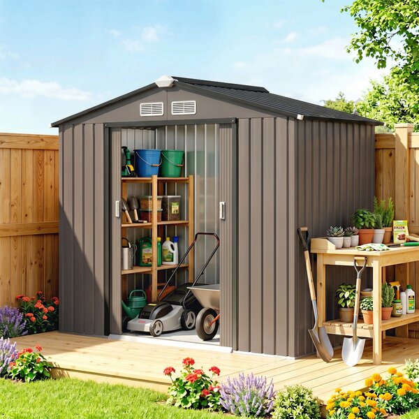 Outsunny Casetta da Giardino in Metallo con Prese d'Aria e Doppia Porta Scorrevole, 2.1x1.3m, Marrone | Aosom Italy