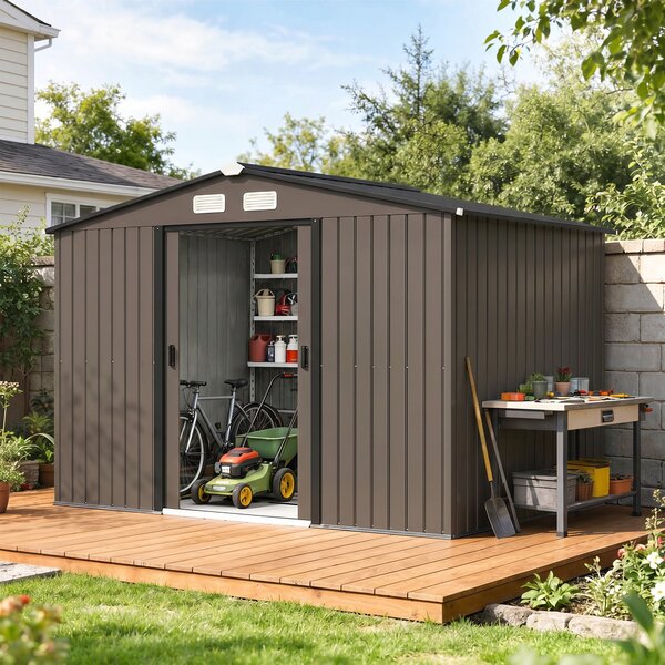 Outsunny Capanno Attrezzi da Giardino con 4 Prese d'Aria e 2 Porte Scorrevoli, Casetta in Acciaio, 277x195x192 cm, Marrone | Aosom Italy