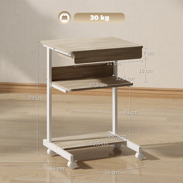 HOMCOM Scrivania PC con Cassetto Scorrevole, 2 Ripiani e 4 Rotelle, in Legno e Metallo, 56x51x79 cm, Bianco e Rovere | Aosom Italy