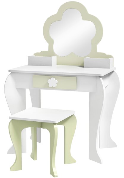 ZONEKIZ Set Toeletta per Bambina con Specchio Trucco e Sgabello Abbinato in Legno, Cassetto e Contenitori, Bianco | Aosom Italy