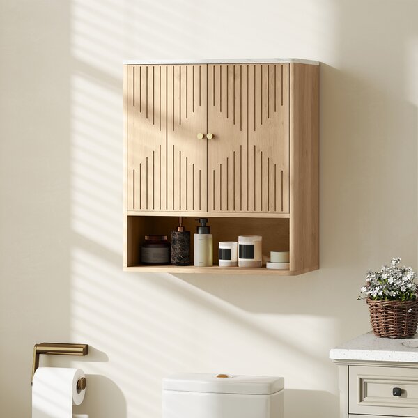 HOMCOM Armadietto Bagno a Parete con Ripiano Aperto e Ante Decorate, Piano Effetto Marmo, 60x18x70 cm, Rovere | Aosom Italy